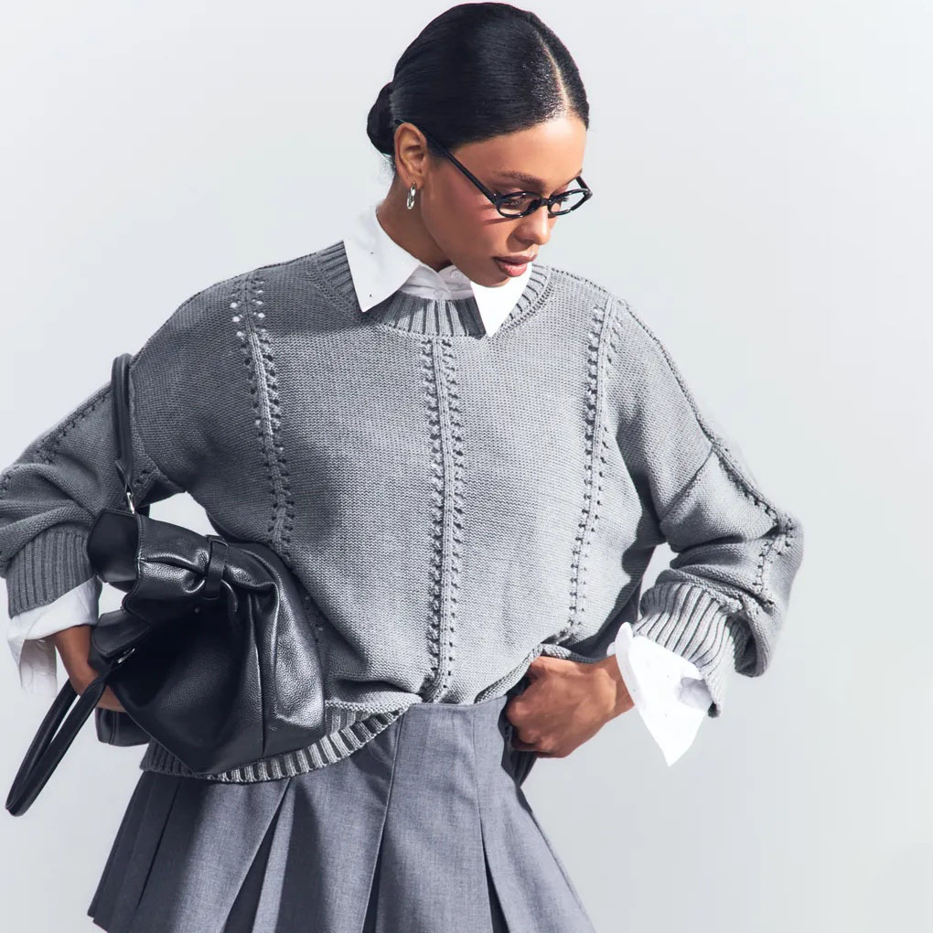Pointelle Stripe Knit Sweater — Oversized Round Neck Pullover, view 8