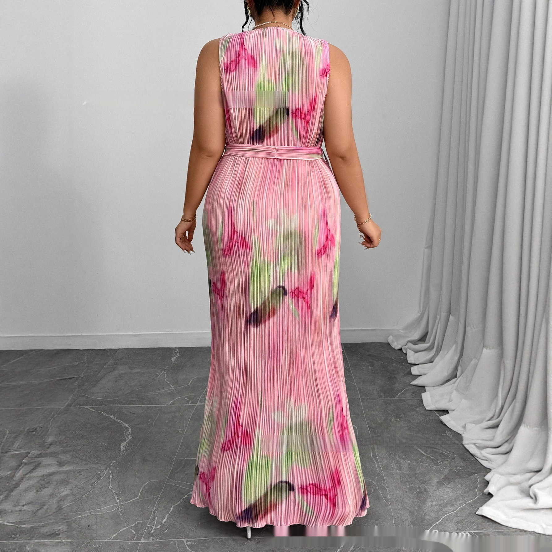 Micro-Pleated Maxi Dress Plus Size — Tie-Sash Watercolour Print Gown 0XL - 4XL, view 4