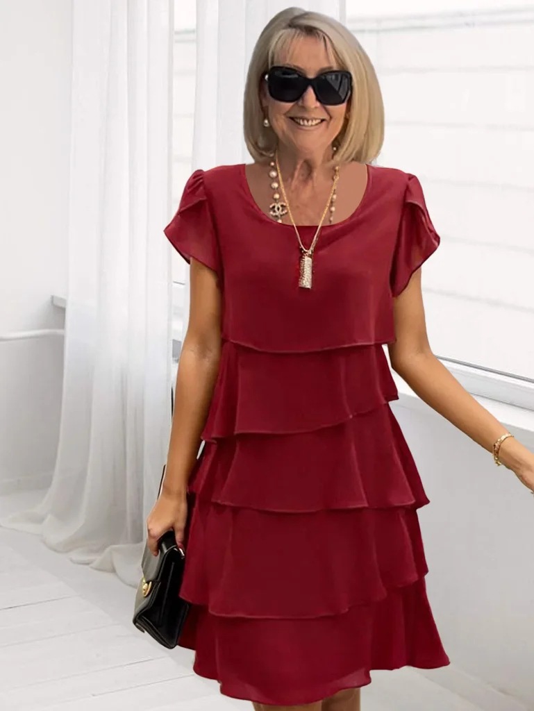 Women's Mid‑Length Polyester Dress – Short Sleeve, Solid Colors, view 2