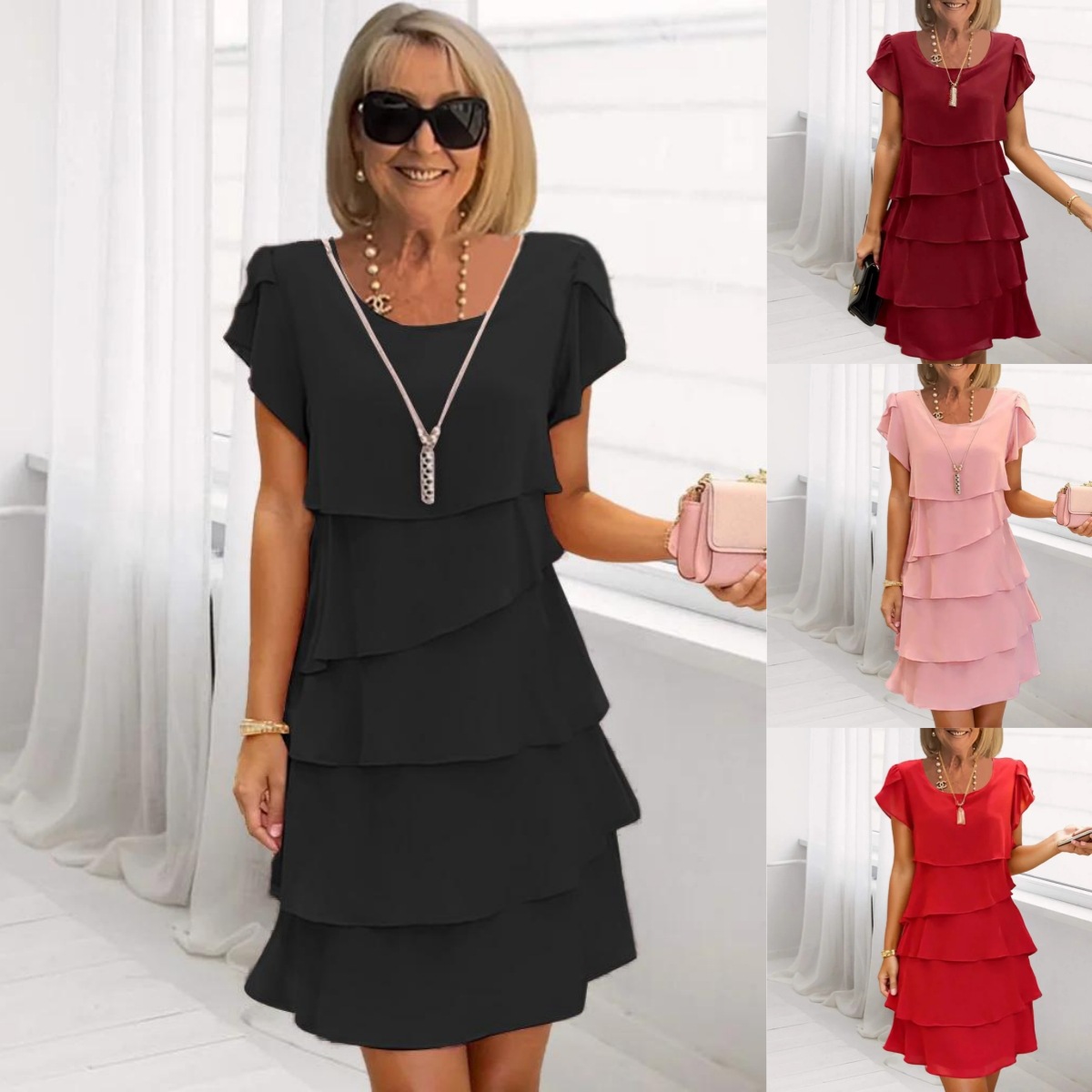 Women's Mid‑Length Polyester Dress – Short Sleeve, Solid Colors, view 3