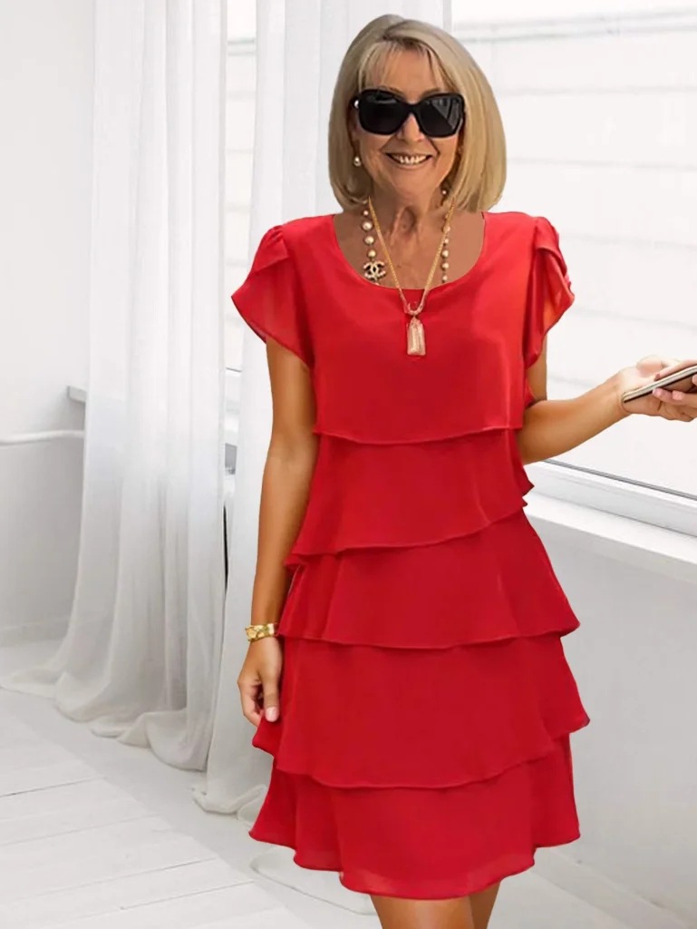 Women's Mid‑Length Polyester Dress – Short Sleeve, Solid Colors, view 5