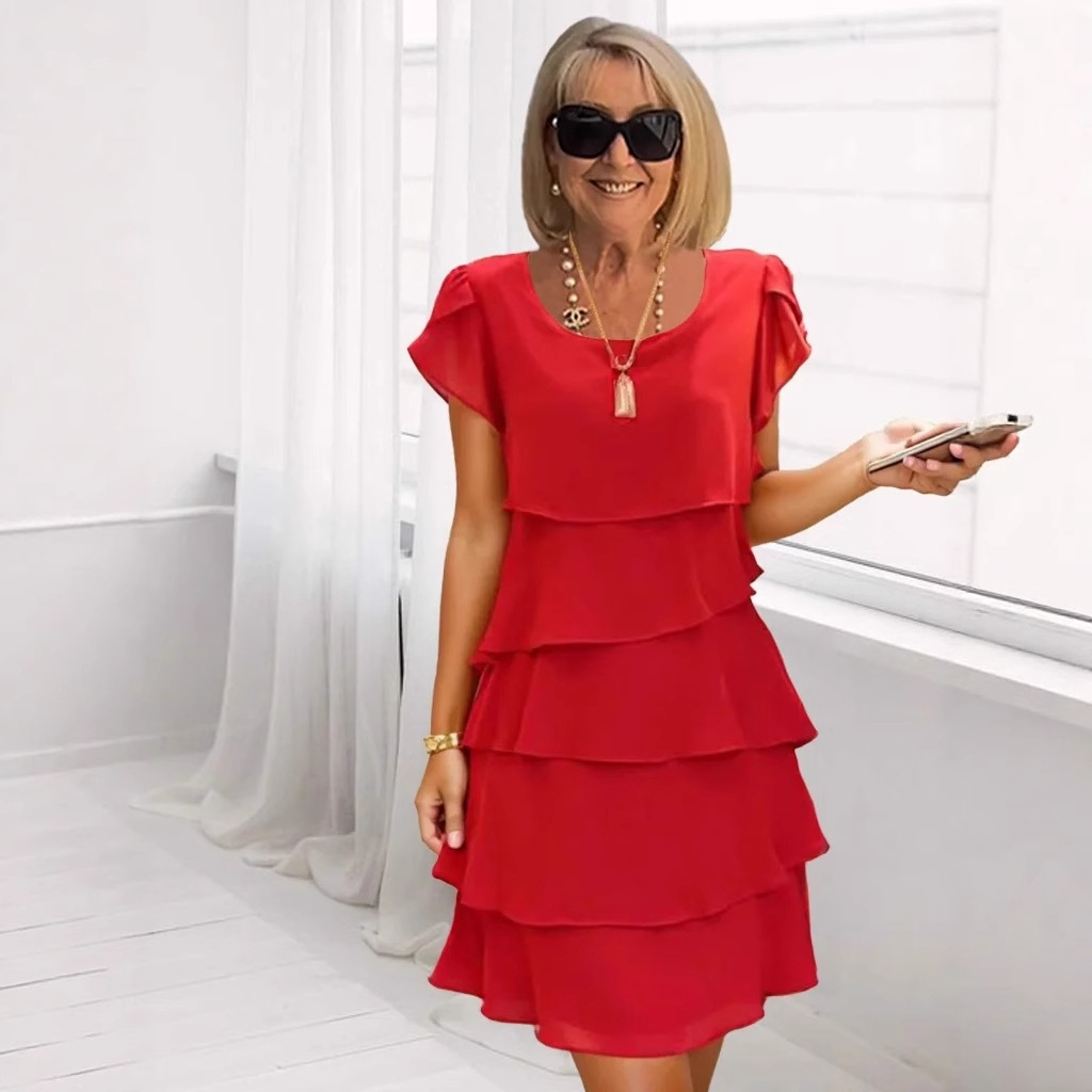 Women's Mid‑Length Polyester Dress – Short Sleeve, Solid Colors, view 6