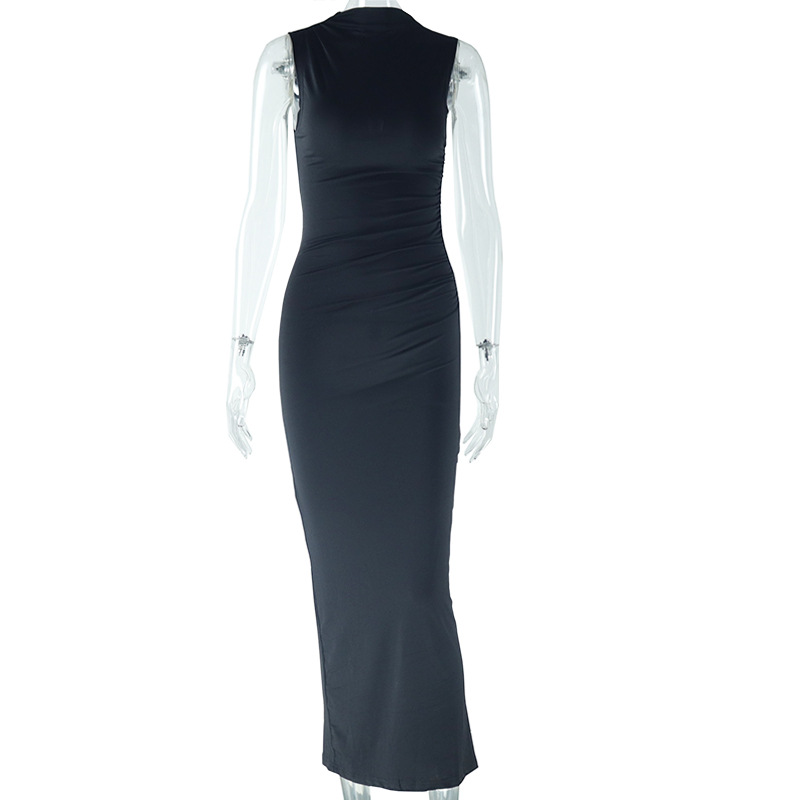 Ruched Sleeveless Bodycon Midi Dress — Mock Neck, Side Slit, view 3