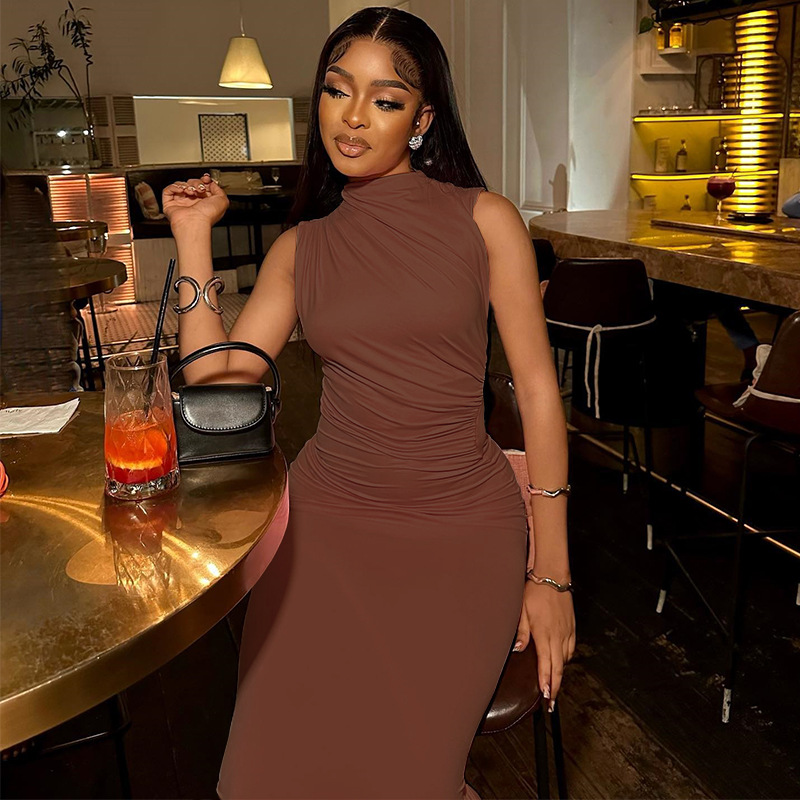 Ruched Sleeveless Bodycon Midi Dress — Mock Neck, Side Slit, view 4