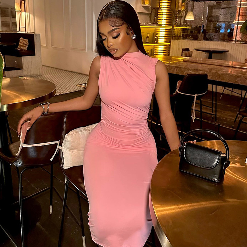 Ruched Sleeveless Bodycon Midi Dress — Mock Neck, Side Slit