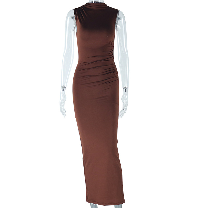 Ruched Sleeveless Bodycon Midi Dress — Mock Neck, Side Slit, view 6