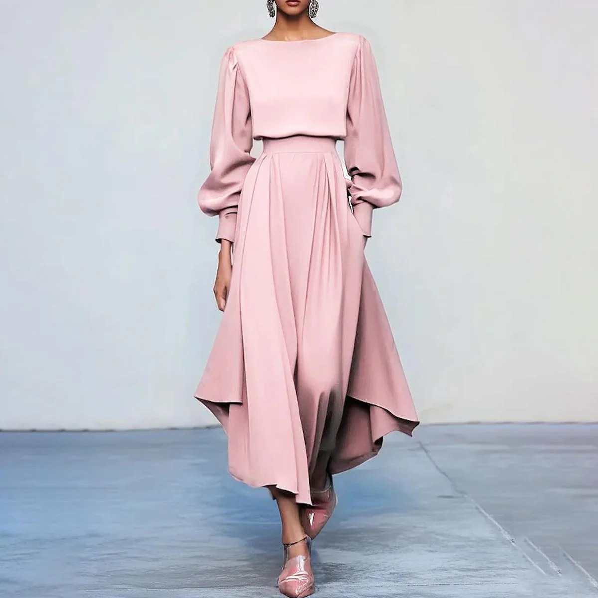 Blush Pink Asymmetric Hem Maxi Dress — Balloon Sleeve, High Waist, view 2