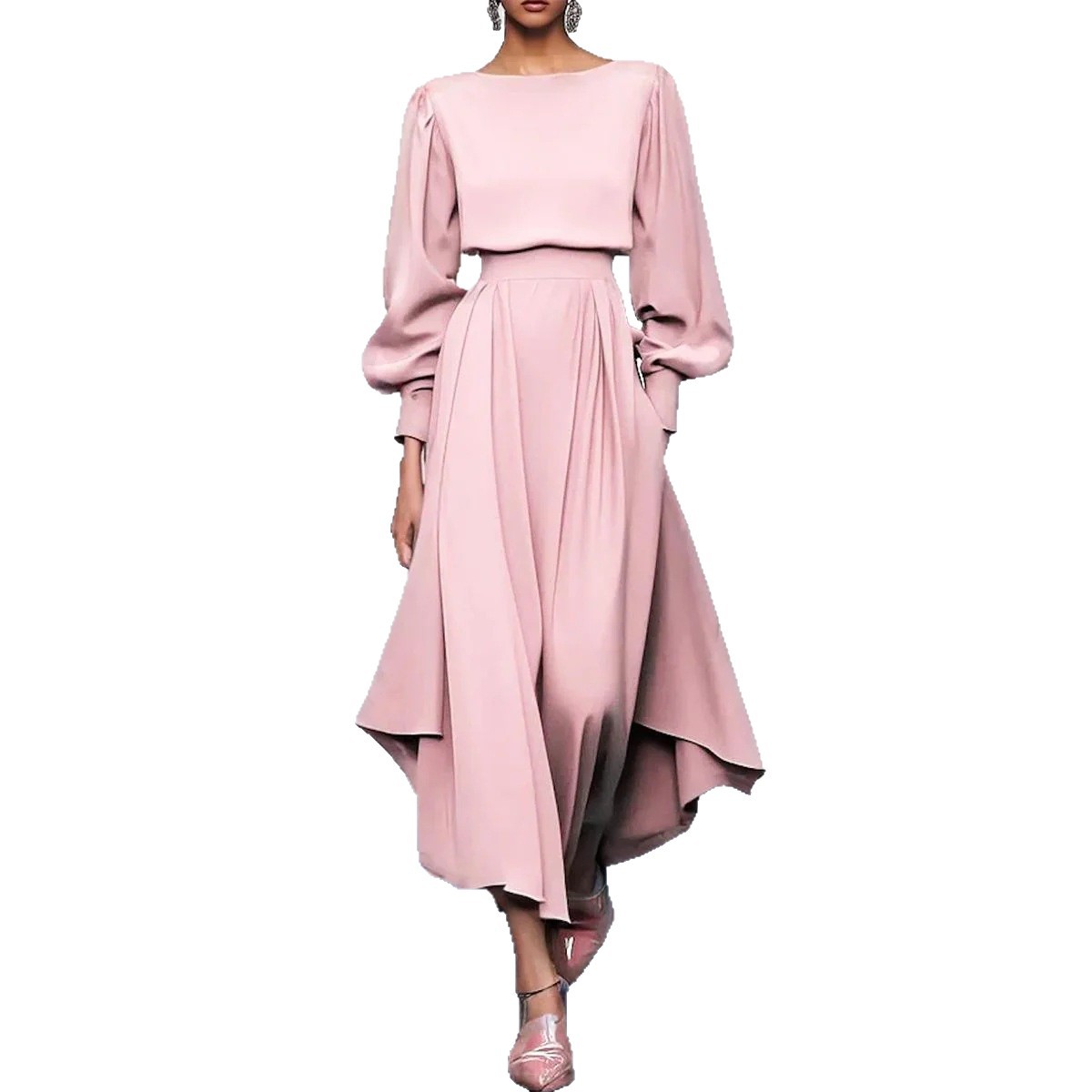 Blush Pink Asymmetric Hem Maxi Dress — Balloon Sleeve, High Waist, view 3