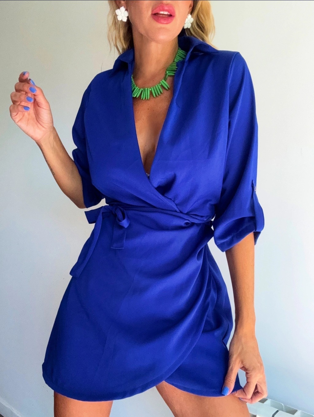 Women's V‑Neck Lace‑Up Lapel Dress – Short Bodycon, 3‑Quarter Sleeve, view 2