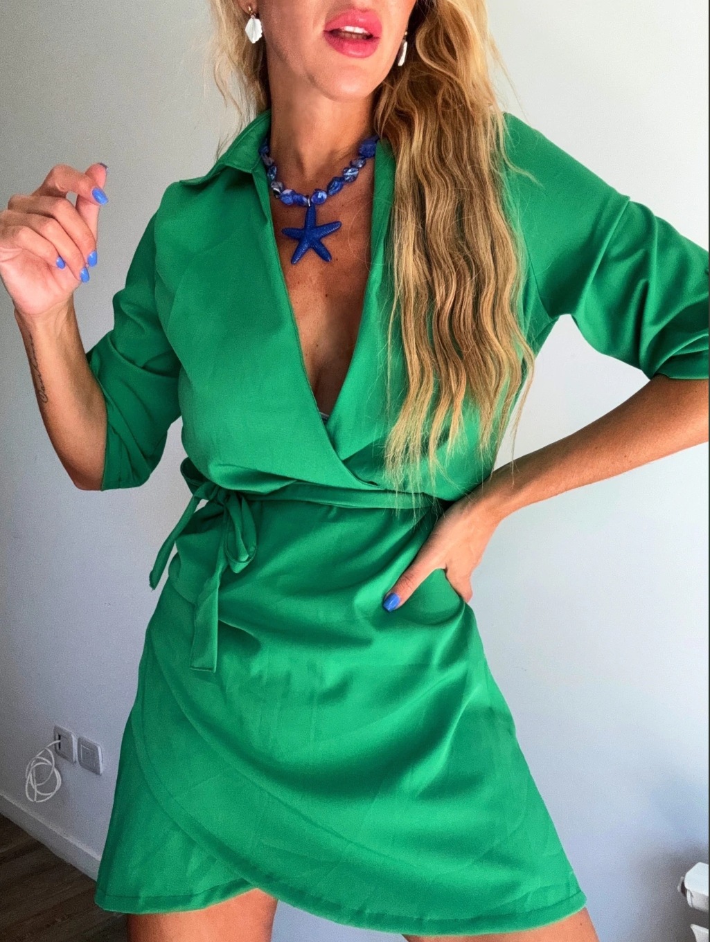 Women's V‑Neck Lace‑Up Lapel Dress – Short Bodycon, 3‑Quarter Sleeve, view 3