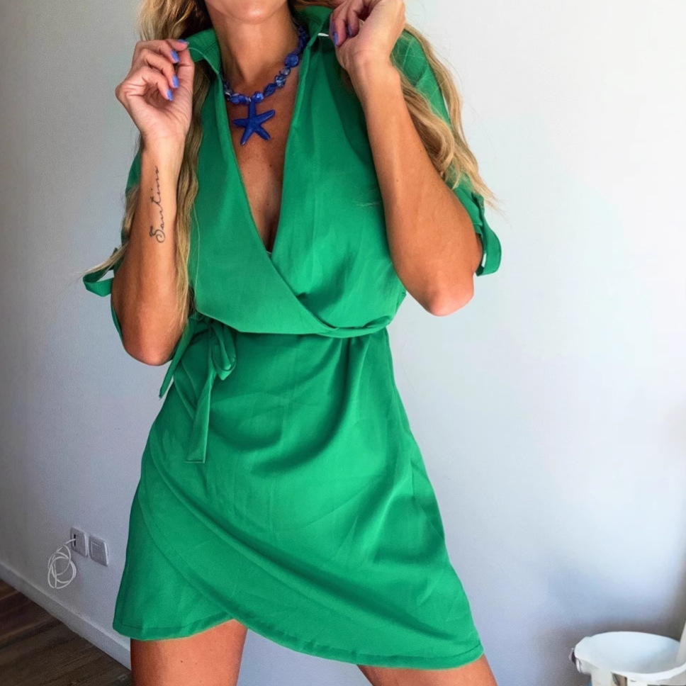 Women's V‑Neck Lace‑Up Lapel Dress – Short Bodycon, 3‑Quarter Sleeve, view 4
