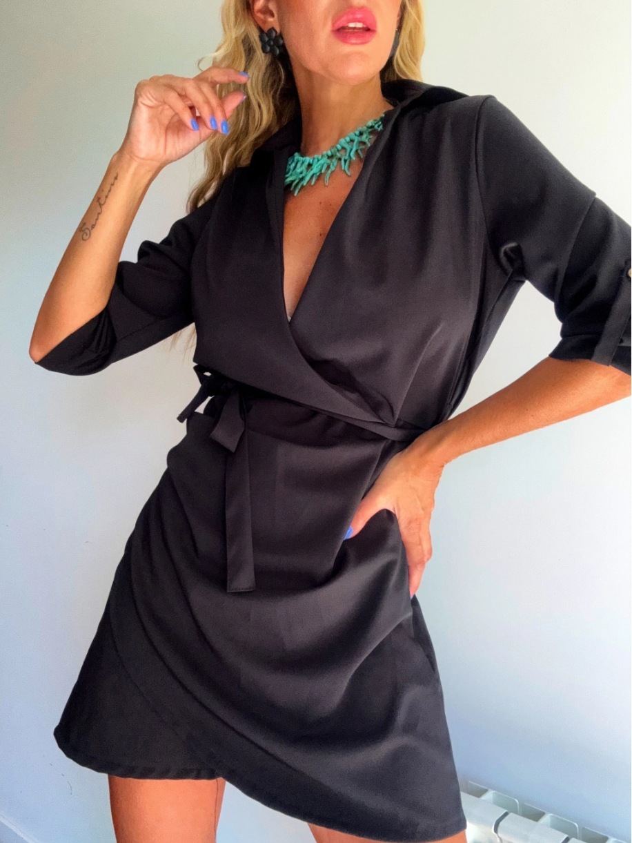 Women's V‑Neck Lace‑Up Lapel Dress – Short Bodycon, 3‑Quarter Sleeve
