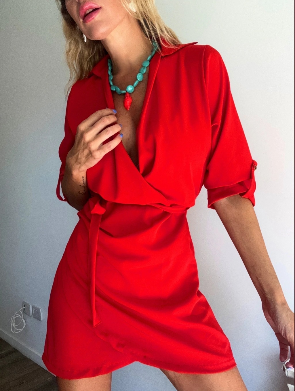 Women's V‑Neck Lace‑Up Lapel Dress – Short Bodycon, 3‑Quarter Sleeve, view 7