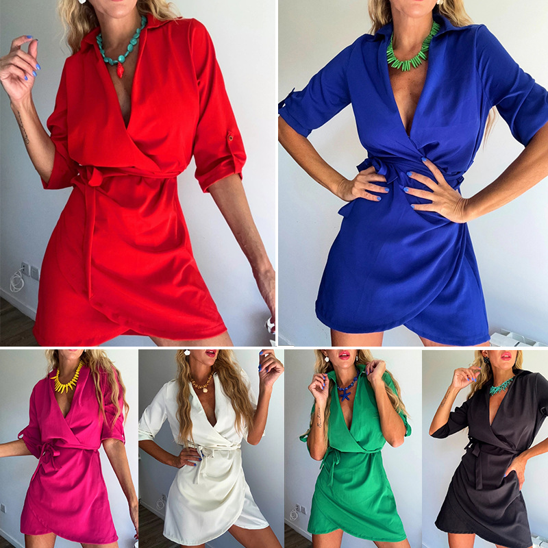 Women's V‑Neck Lace‑Up Lapel Dress – Short Bodycon, 3‑Quarter Sleeve, view 8
