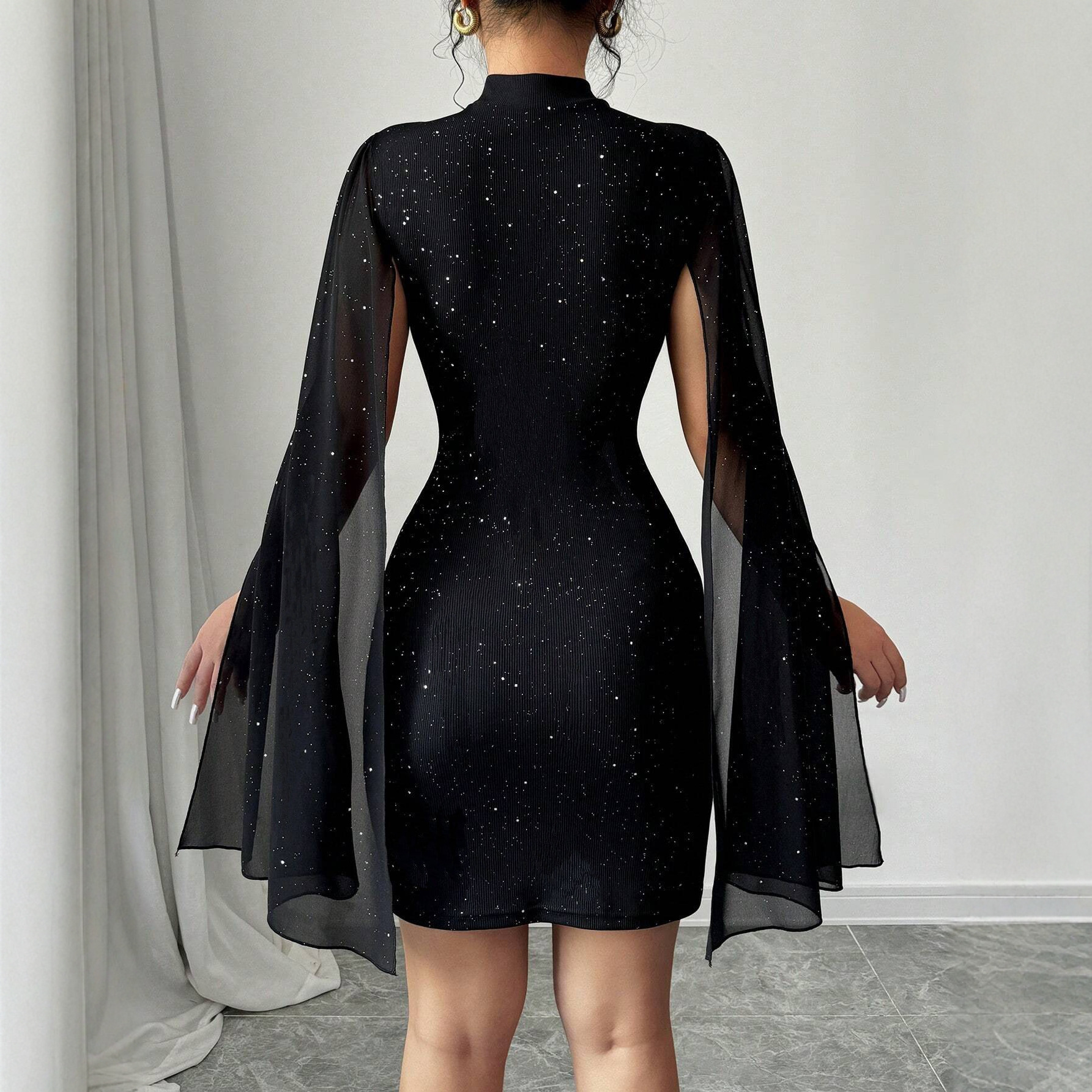 Round-neck Ribbed Pearl Chiffon Cape Bodycon Dress