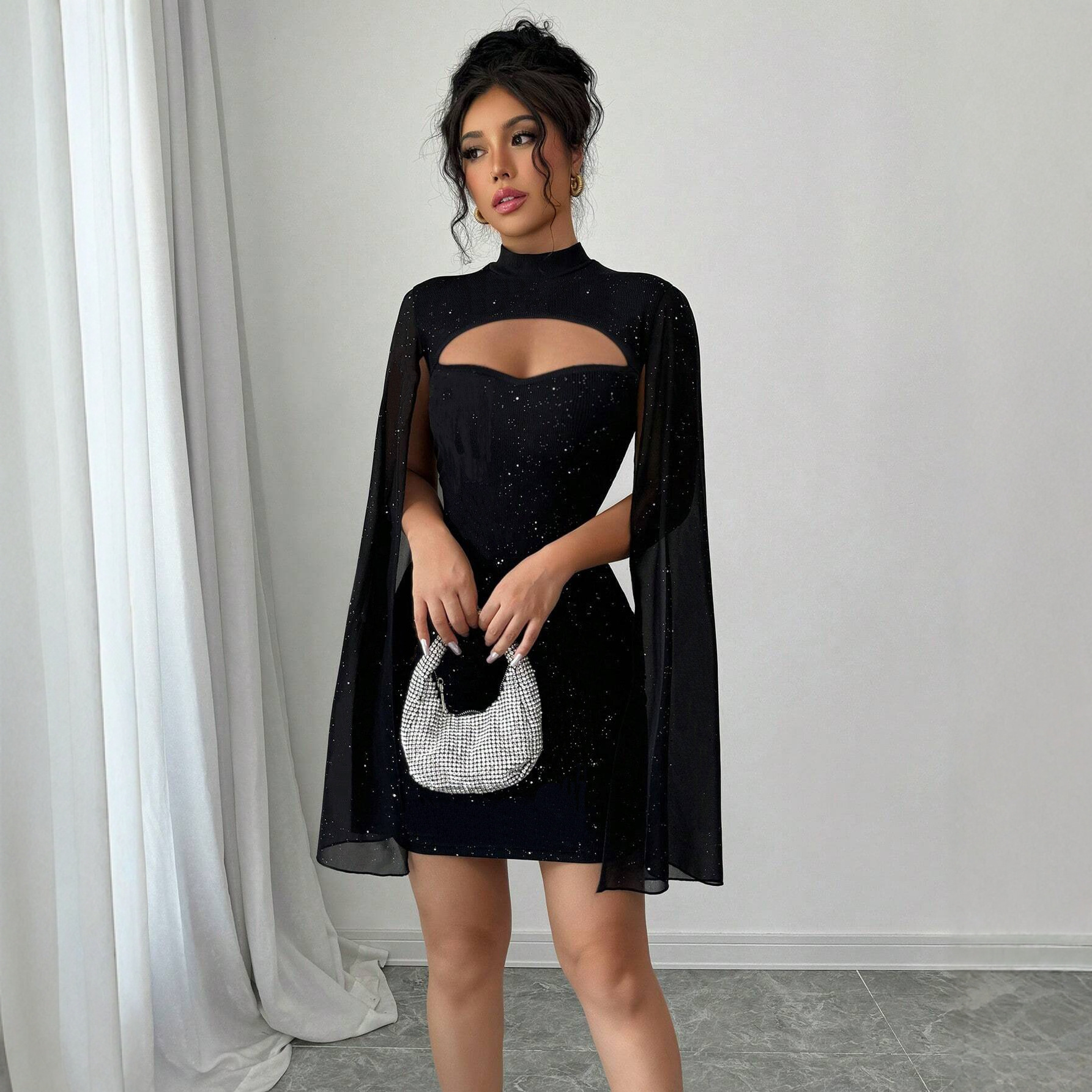 Glitter Ribbed Bodycon Mini Dress With Split Chiffon Cape Sleeves, view 4