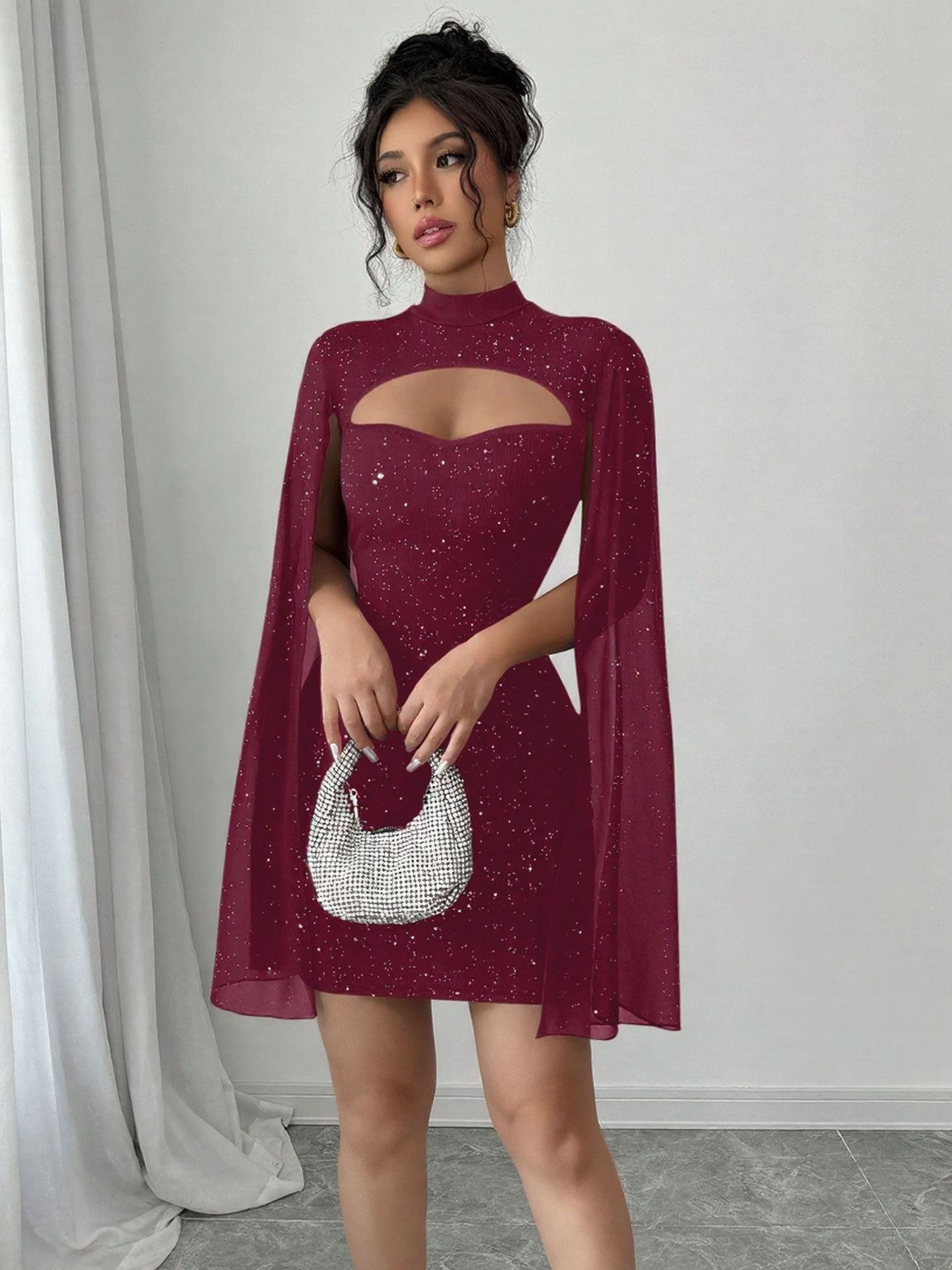 Glitter Ribbed Bodycon Mini Dress With Split Chiffon Cape Sleeves, view 6