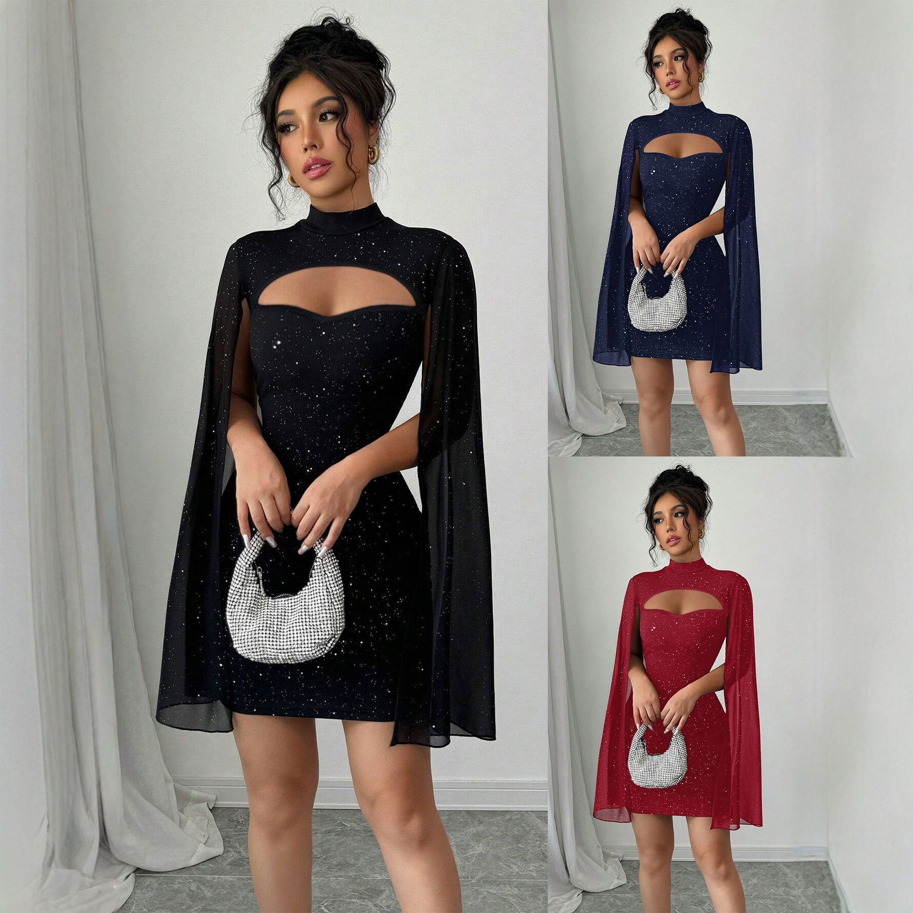 Glitter Ribbed Bodycon Mini Dress With Split Chiffon Cape Sleeves, view 7