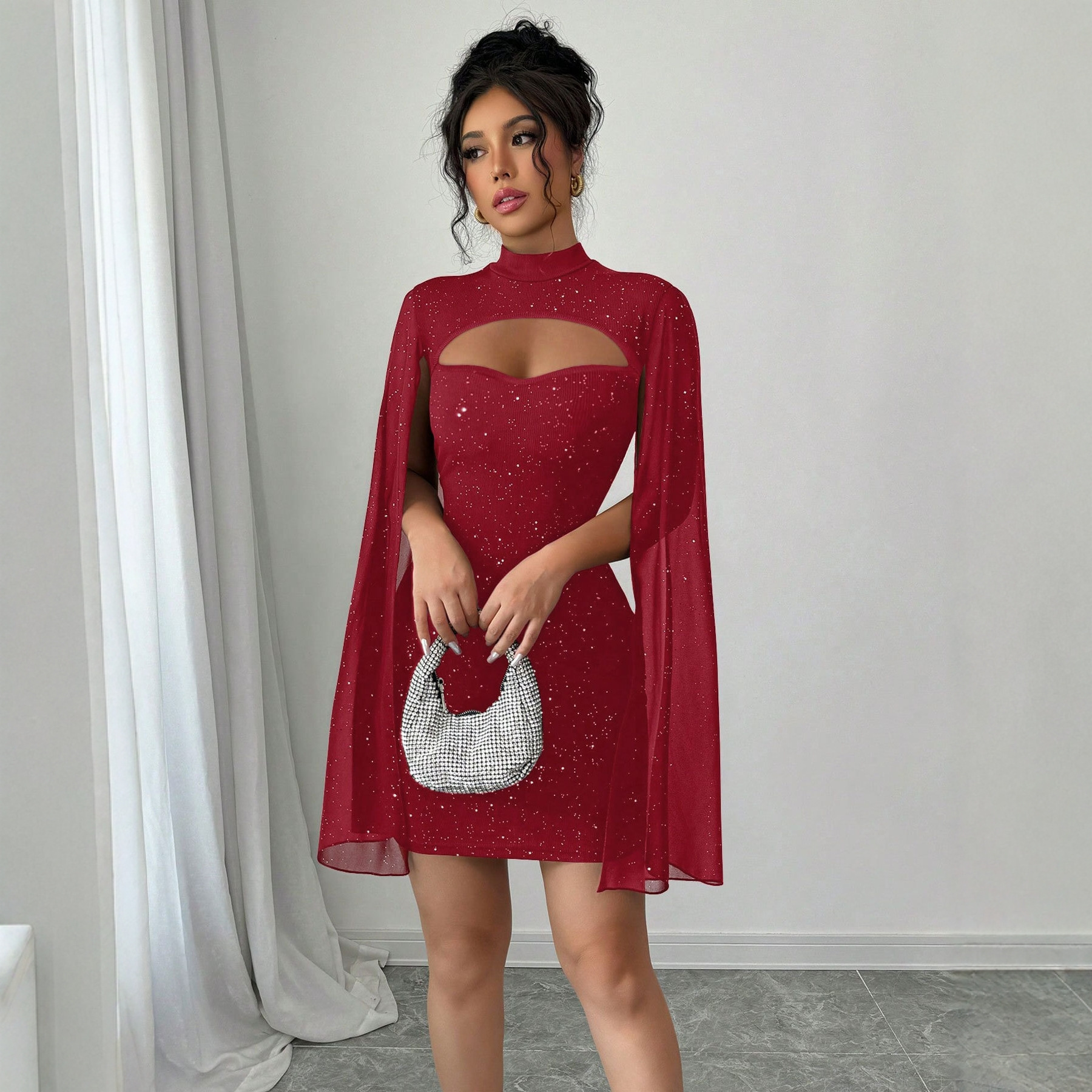 Glitter Ribbed Bodycon Mini Dress With Split Chiffon Cape Sleeves, view 8