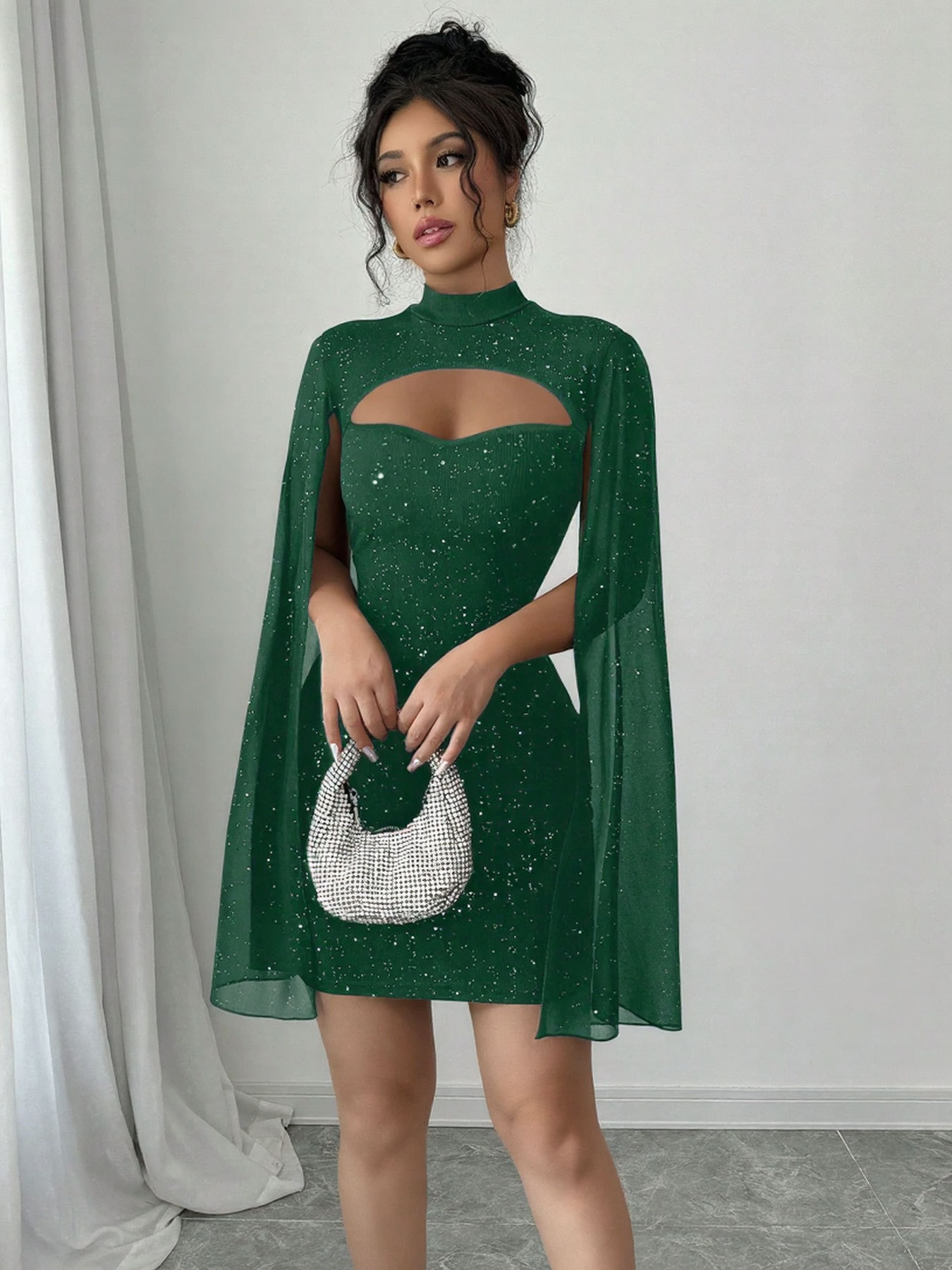 Glitter Ribbed Bodycon Mini Dress With Split Chiffon Cape Sleeves, view 2