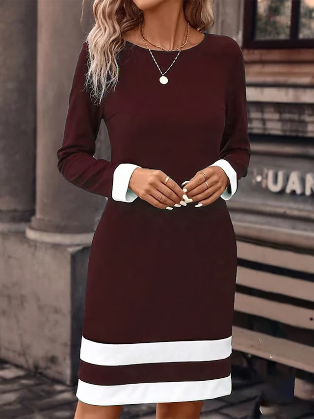 Contrast-Trim Bodycon Dress — Long Sleeve Round Neck Work Dress