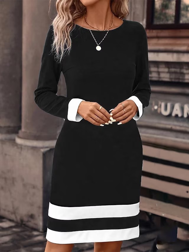 Contrast-Trim Bodycon Dress — Long Sleeve Round Neck Work Dress, view 5