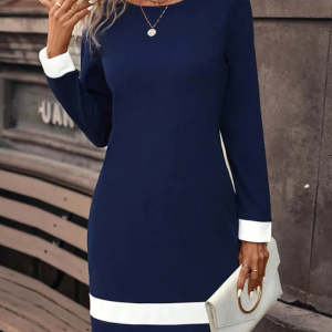 Contrast-Trim Bodycon Dress — Long Sleeve Round Neck Work Dress, view 7