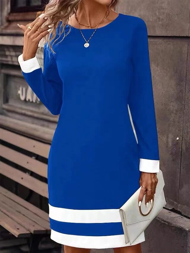 Contrast-Trim Bodycon Dress — Long Sleeve Round Neck Work Dress, view 6