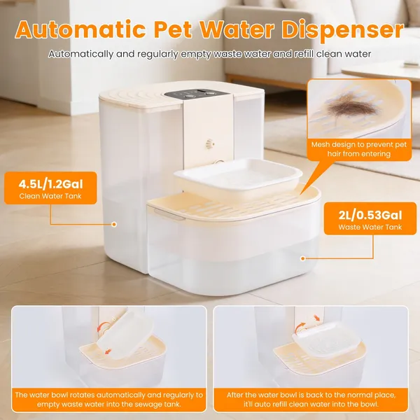 Smart Dual‑Tank 4.5 L Cordless Pet Water Fountain with Remote Control, view 2