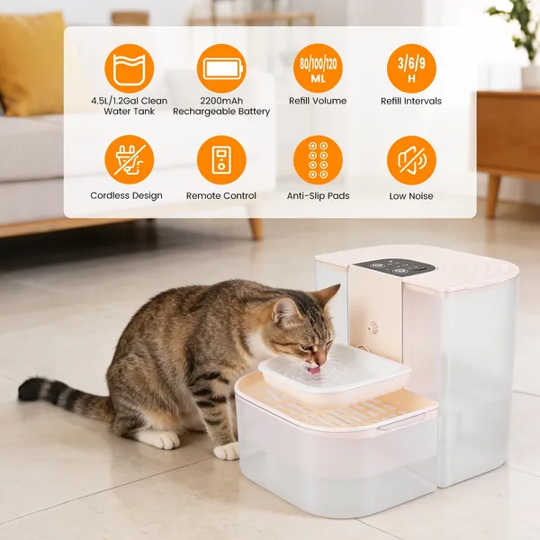 Smart Dual‑Tank 4.5 L Cordless Pet Water Fountain with Remote Control, view 3