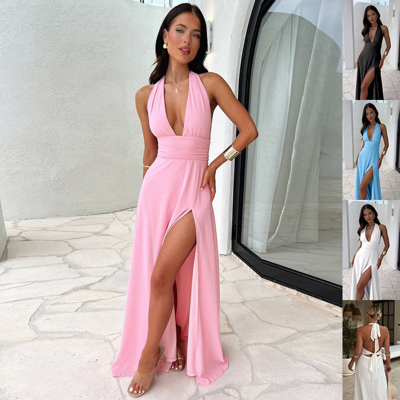 Open-Back Maxi Dress With Tie Sash — Plunge Halter, High Slit, view 4