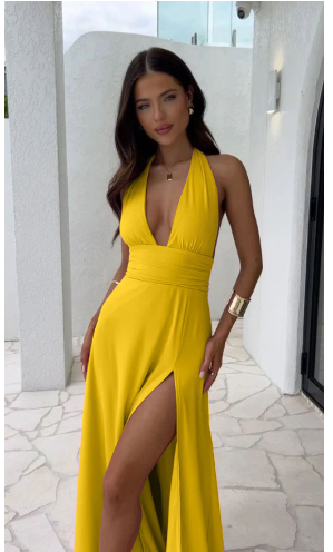 Open-Back Maxi Dress With Tie Sash — Plunge Halter, High Slit, view 6