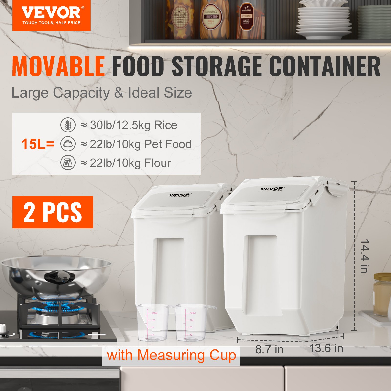 15L Dual Dispenser Bins with Measuring Cups, Airtight Lids & Casters