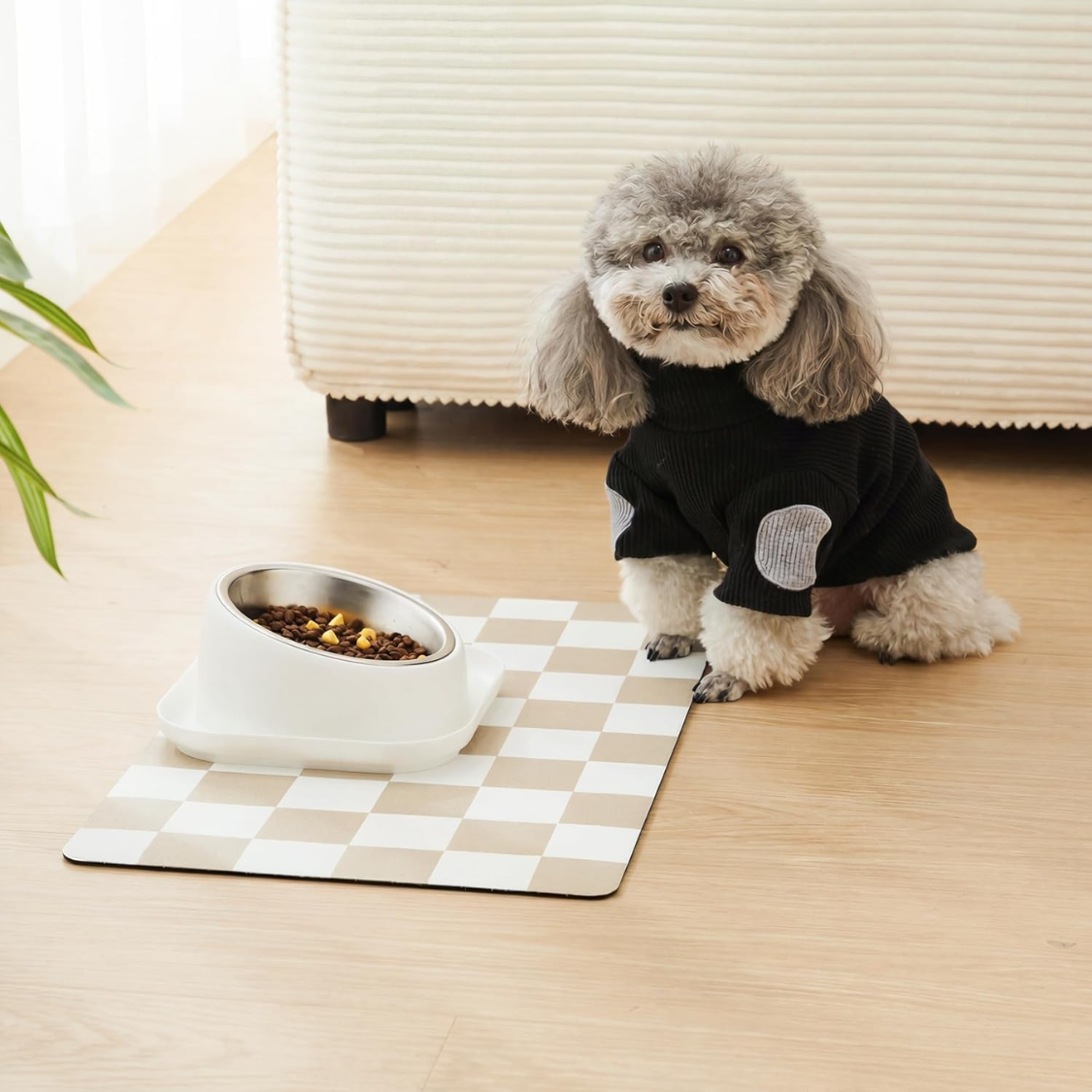 Dog Feeding Mat – Absorbent Vegan Leather, Non‑Slip Rubber Backing, Retro Khaki‑Beige Checkerboard