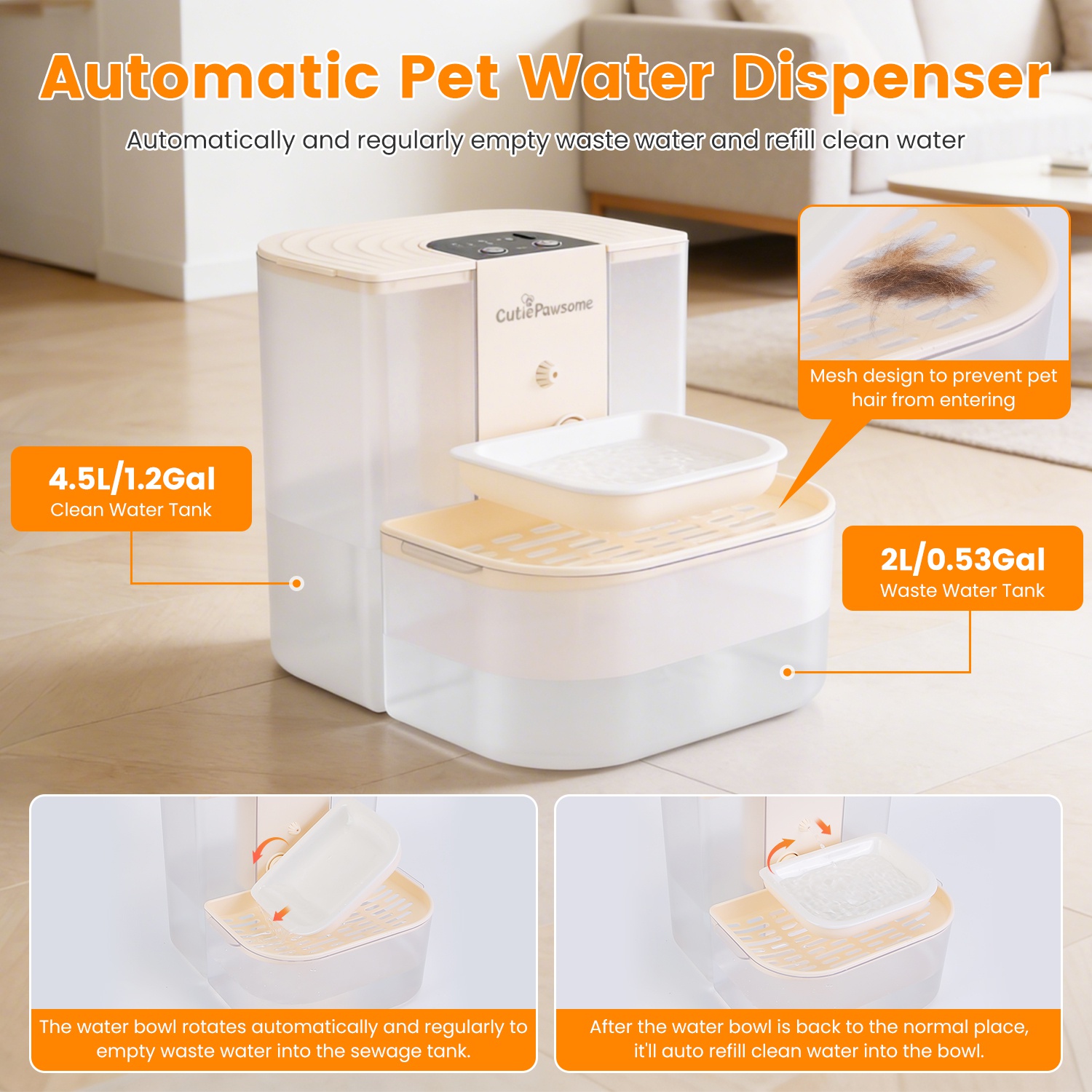 Cordless 4.5L Smart Pet Fountain – Dual‑Tank Filtration & Remote Control, view 8