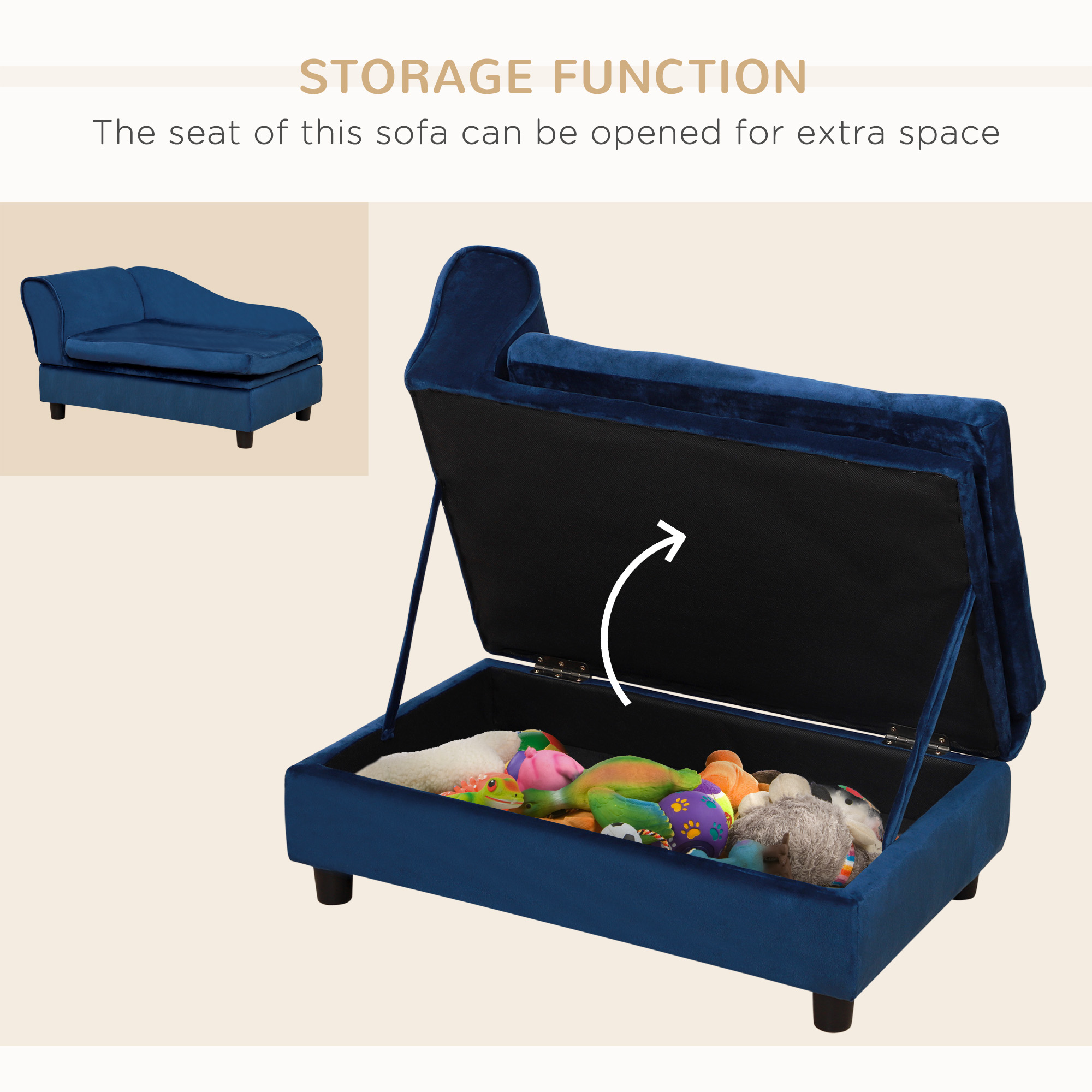 Blue Pet Sofa Bed with Lift‑Up Storage – 2‑Inch Foam Cushion, 23 L Compartment, view 3