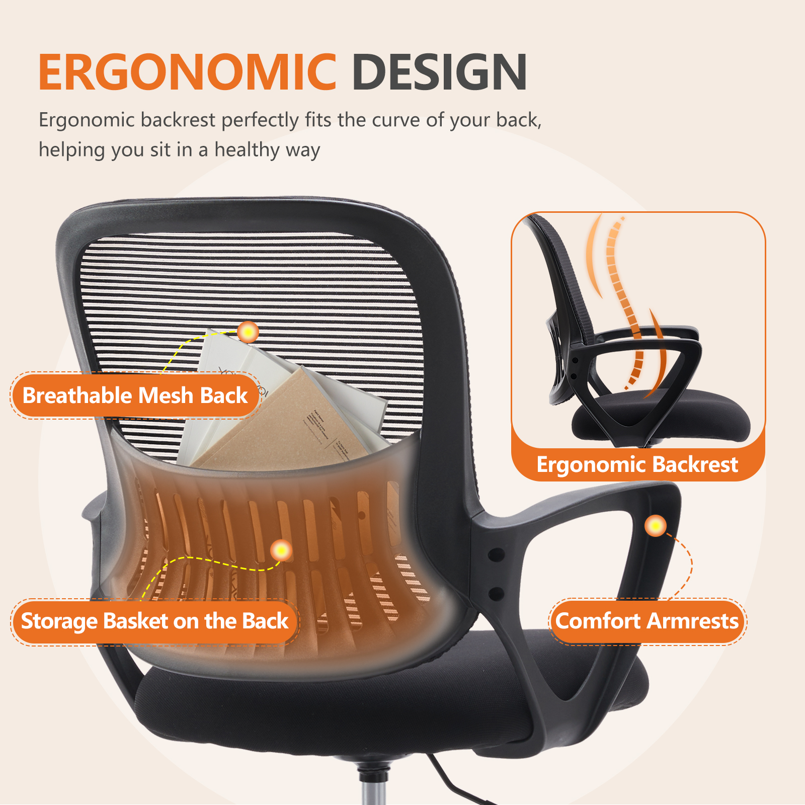 High Back Office Chair – Fixed or Adjustable Armrests/Handrail, view 4