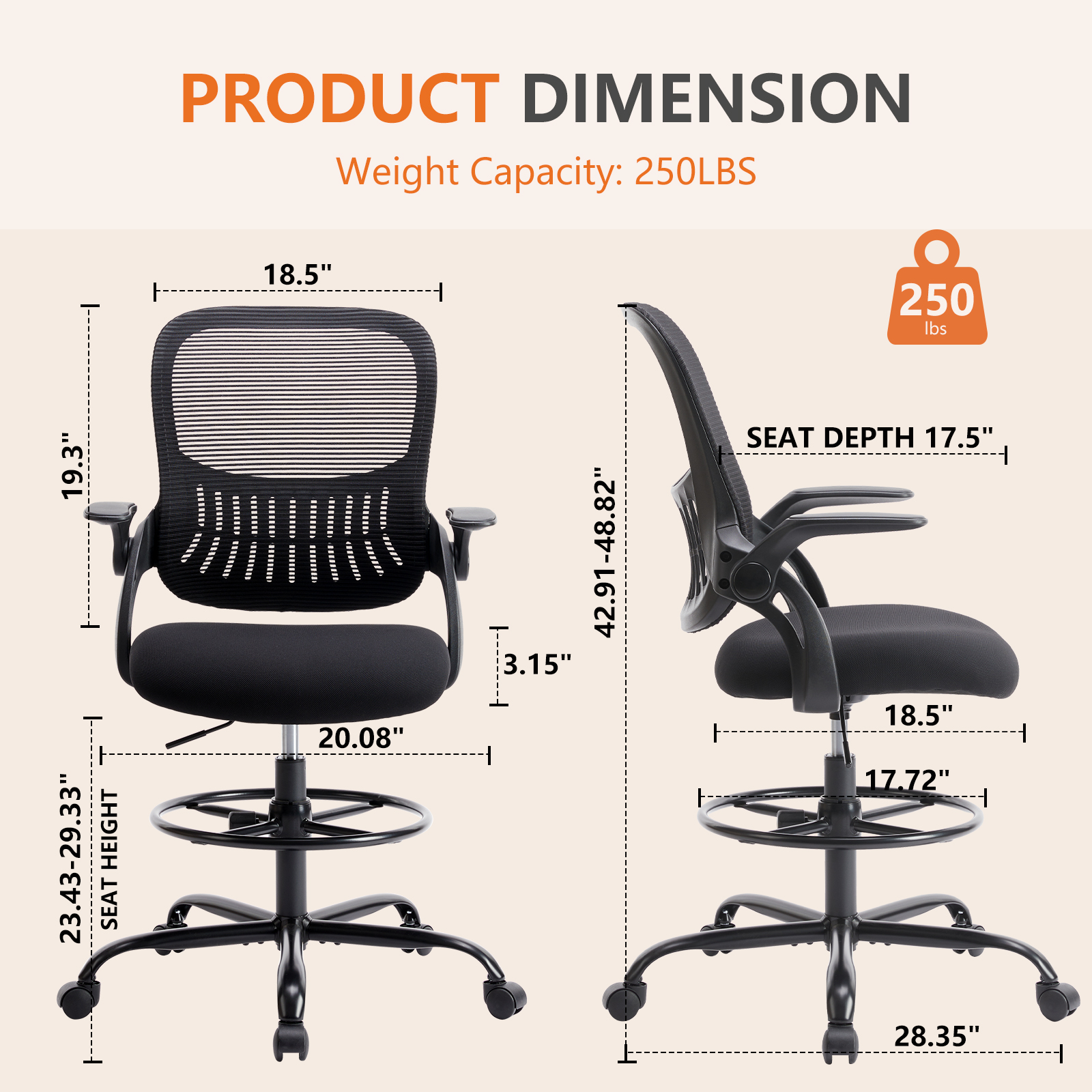 High Back Office Chair – Fixed or Adjustable Armrests/Handrail, view 5