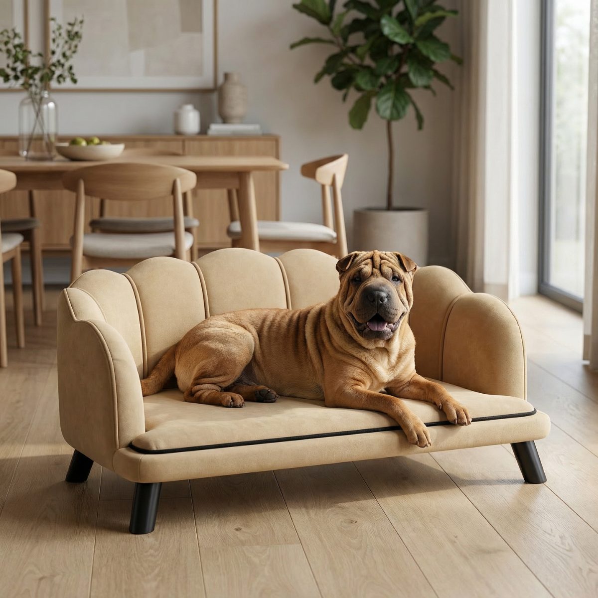 Velvet Pet Sofa – Coffee Finish, Pearl Back, Birch Wood Legs, 55 lb Capacity, view 2