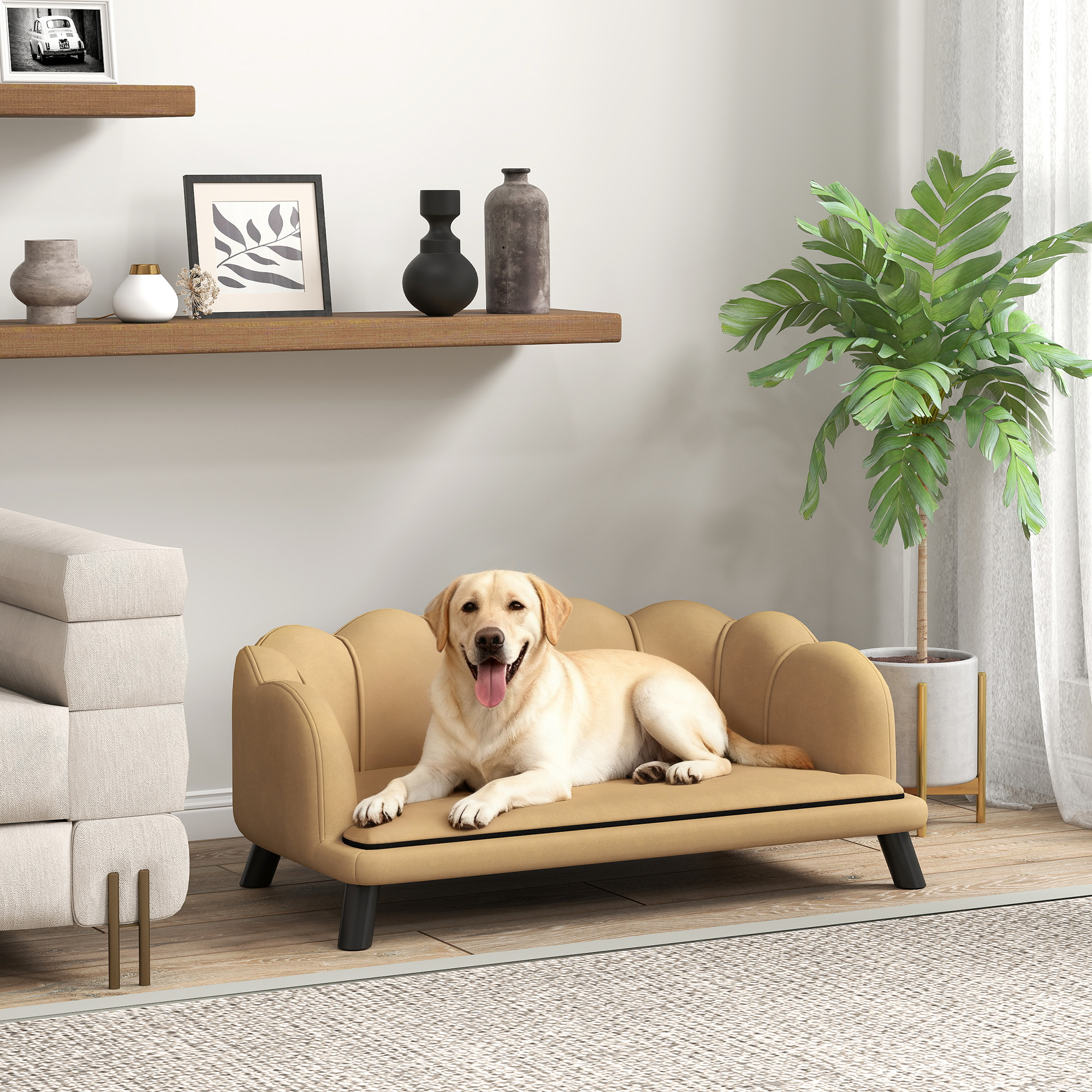 Velvet Pet Sofa – Coffee Finish, Pearl Back, Birch Wood Legs, 55 lb Capacity, view 3