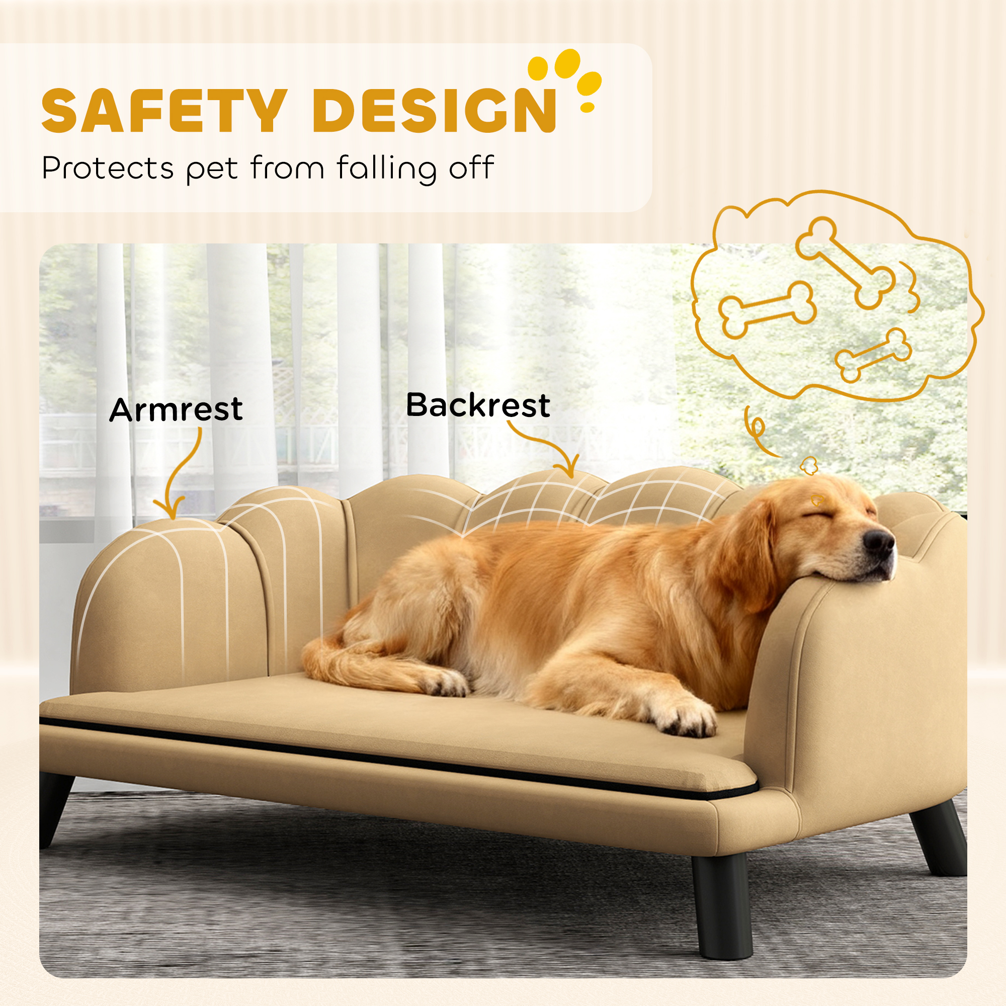 Velvet Pet Sofa – Coffee Finish, Pearl Back, Birch Wood Legs, 55 lb Capacity