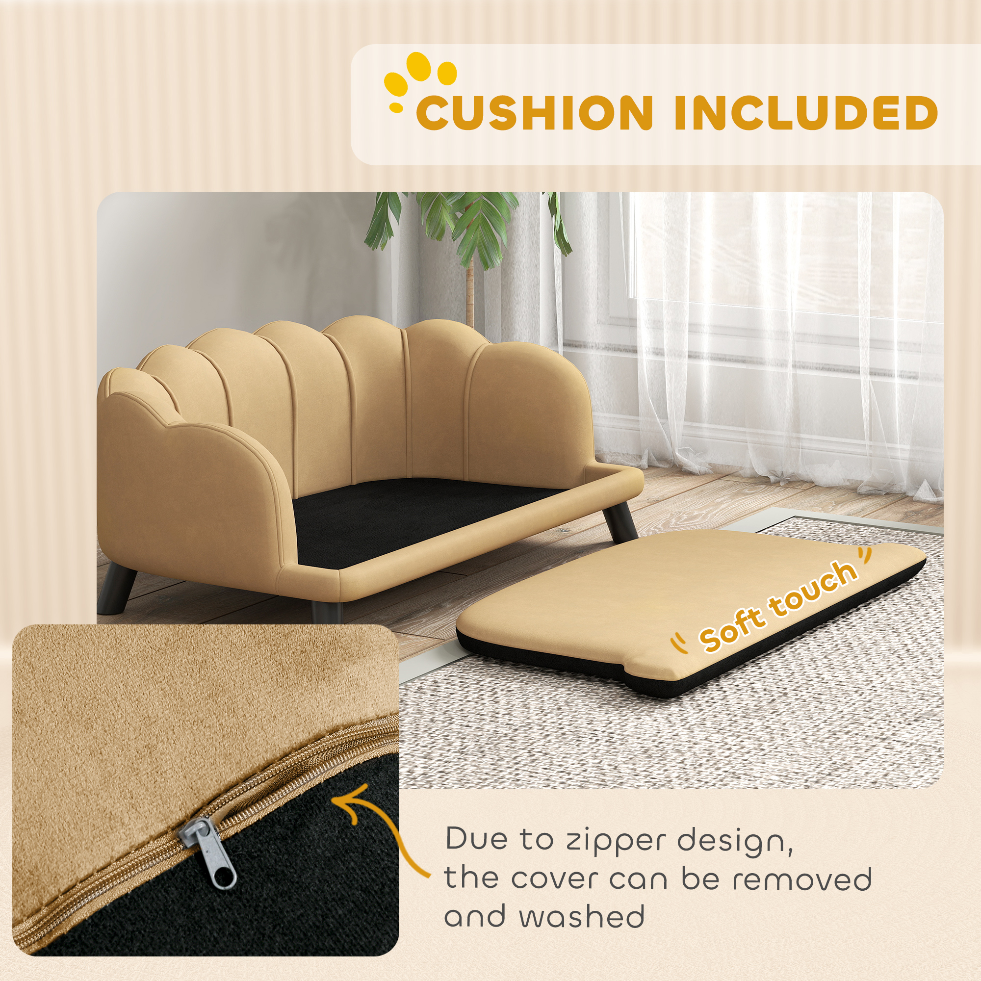 Velvet Pet Sofa – Coffee Finish, Pearl Back, Birch Wood Legs, 55 lb Capacity, view 5