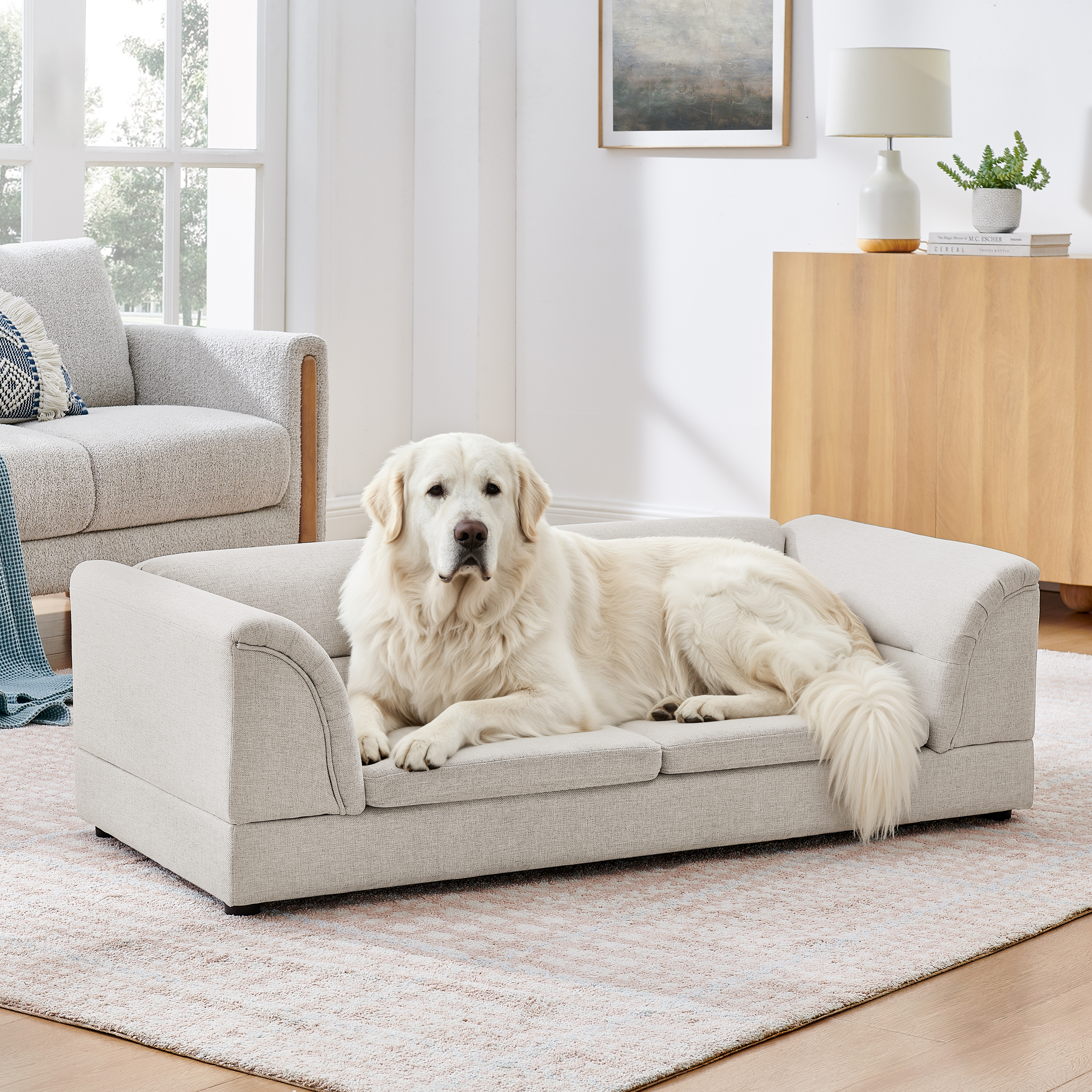 Oversized Raised Pet Sofa – Linen‑Look Curved Armrest Dog Couch – Beige, view 2