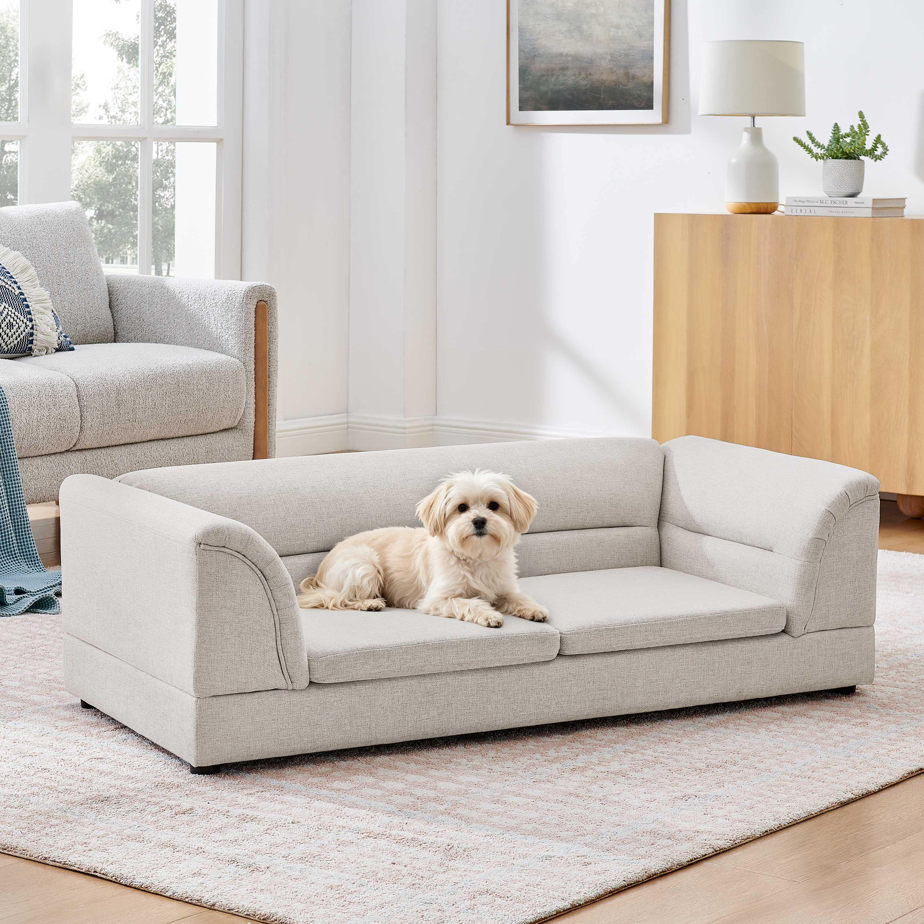Oversized Raised Pet Sofa – Linen‑Look Curved Armrest Dog Couch – Beige
