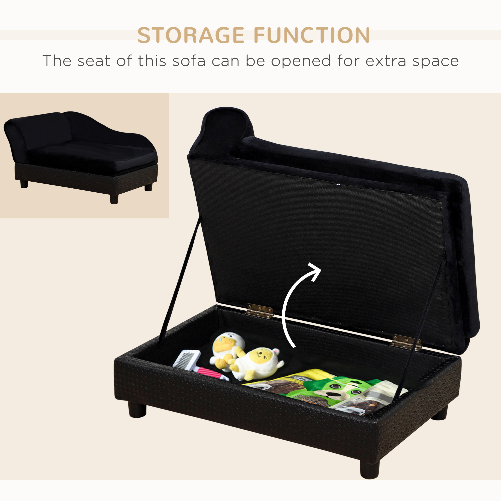 Black Pet Sofa Bed with Hidden 23L Storage – Plush Foam Cushion for Cats & Small Dogs, view 3