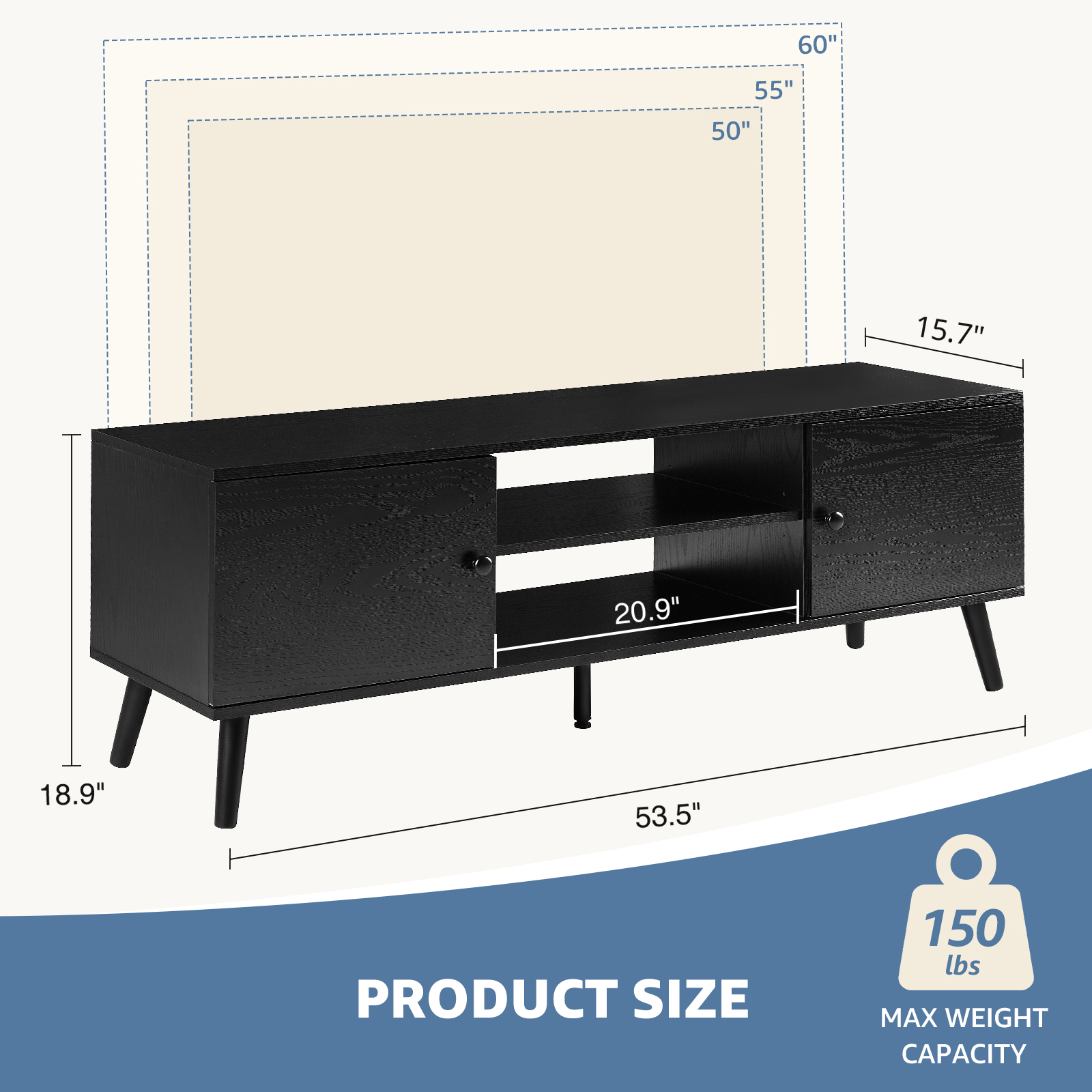 Panel TV Stand – Adjustable Shelves, Soft‑Close Cabinets, Fits 55‑60″ TVs, view 4