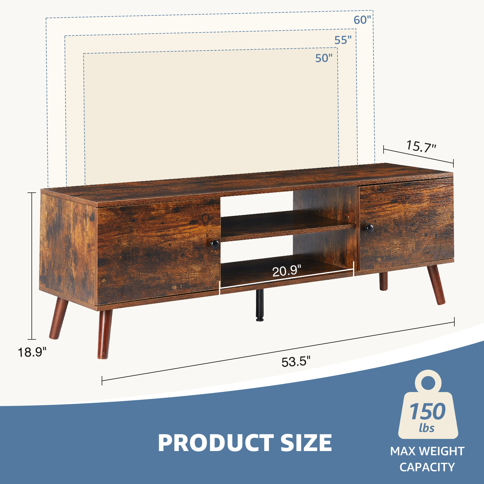 Panel TV Stand – Adjustable Shelves, Soft‑Close Cabinets, Fits 55‑60″ TVs, view 5