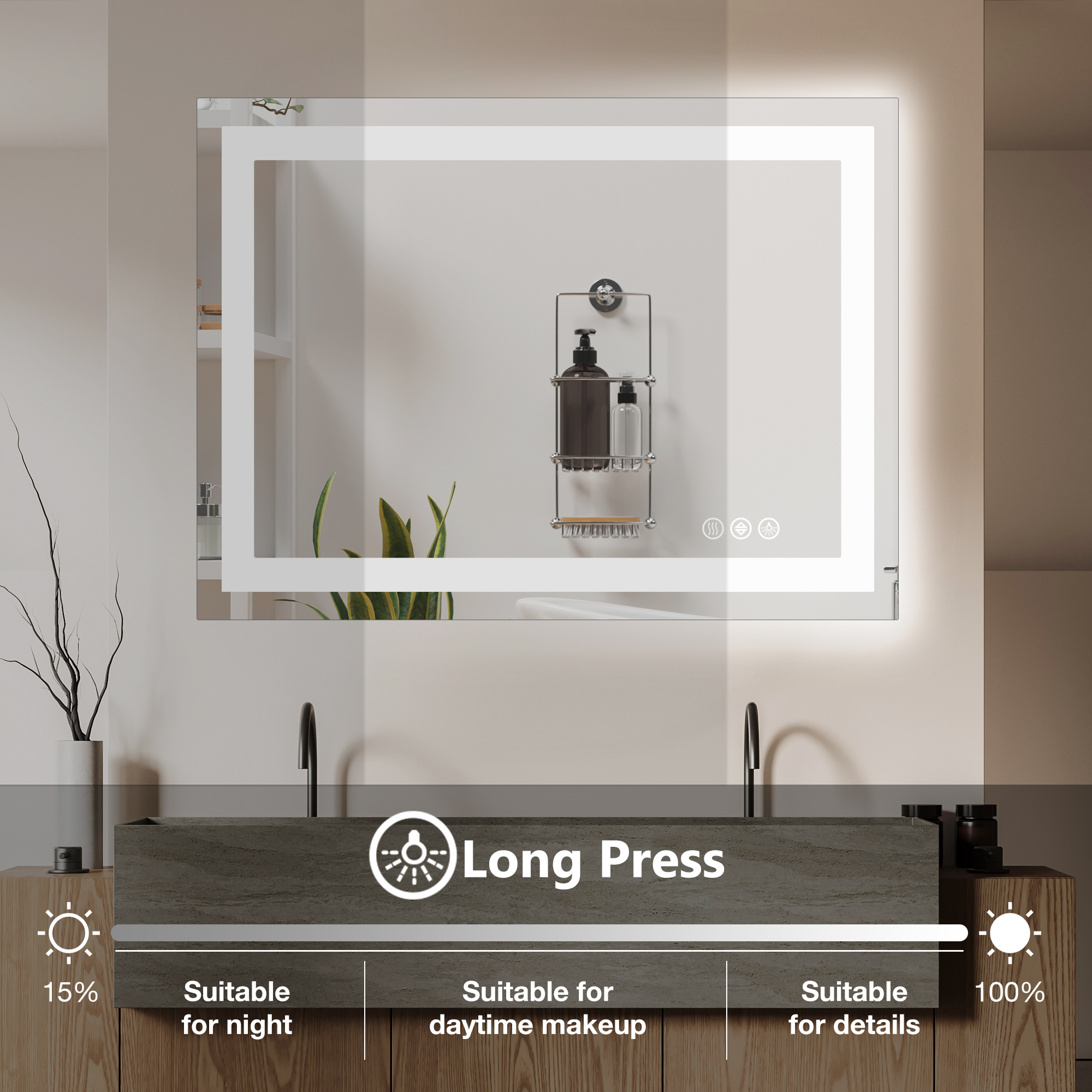 Dimmable LED Bathroom Mirror — Front-Lit, Backlit, Anti-Fog, view 6