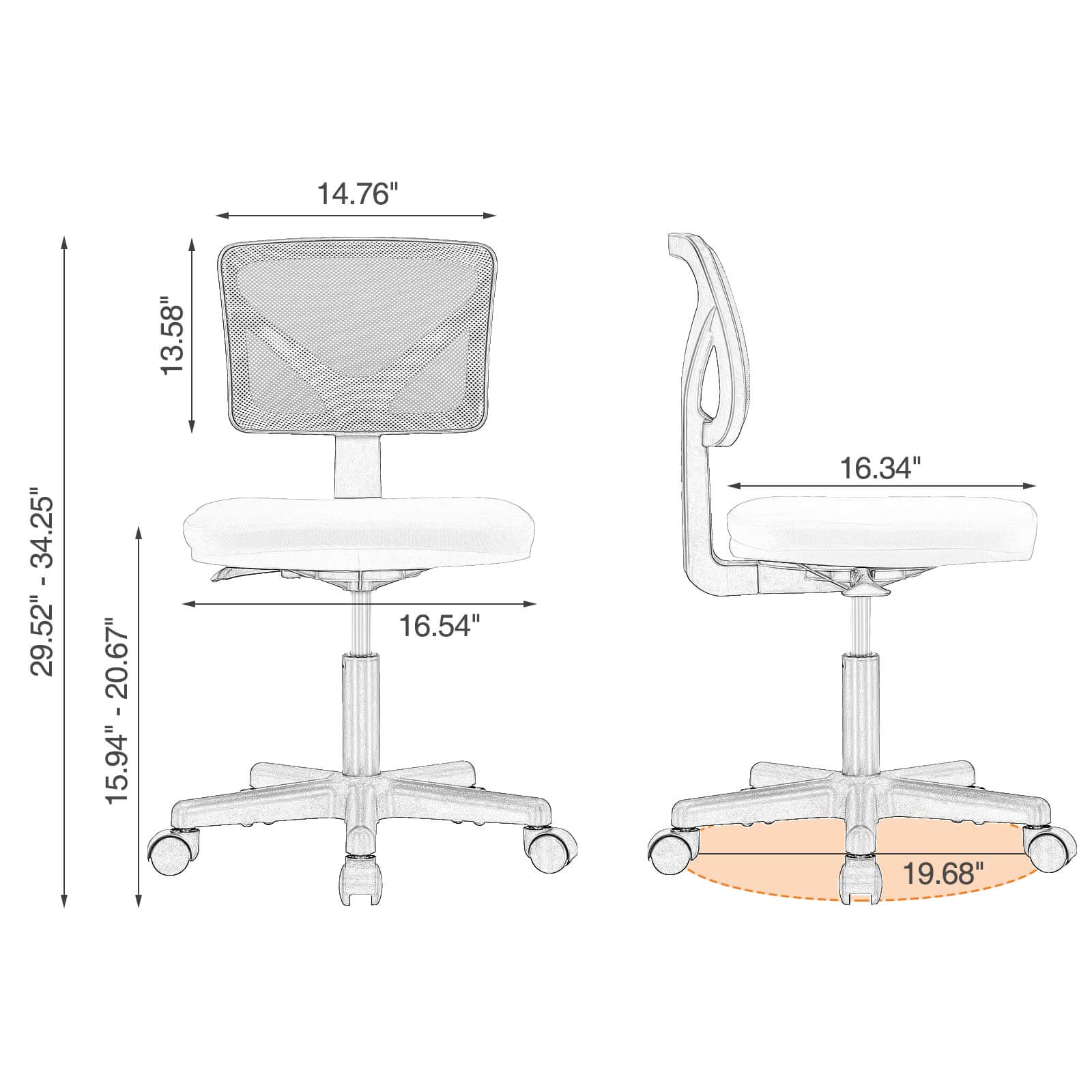 Compact Armless Mesh Office Chair – BIFMA‑Tested Base, Silent Casters, view 4