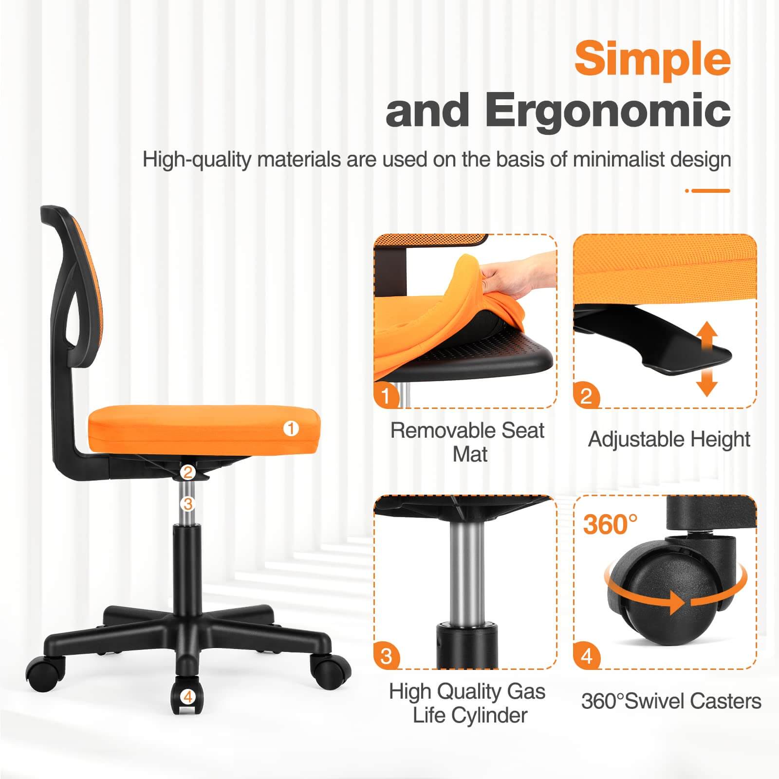 Compact Armless Mesh Office Chair – BIFMA‑Tested Base, Silent Casters